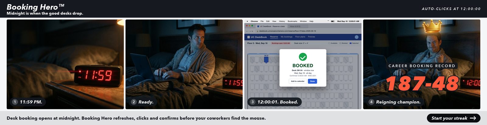 Booking Hero — for winning the midnight desk-booking race. An alarm clock reads 11:59 PM; a man in pajamas and a bathrobe waits on his laptop; at 12:00:01 AM the corporate desk-booking site confirms a window desk as BOOKED; he grins under a floating video-game crown beside his career booking record, 187 wins and 48 losses.