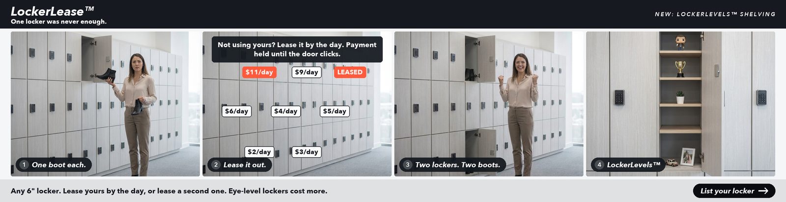 LockerLease — a marketplace for leasing six-inch office lockers by the day. A woman with a boot in each hand can't fit both in her one narrow locker; the locker wall carries daily lease prices; she stands triumphant with one boot in her top locker and the other in a leased bottom locker; and LockerLevels shelving turns a locker into a tiny collectibles cabinet.