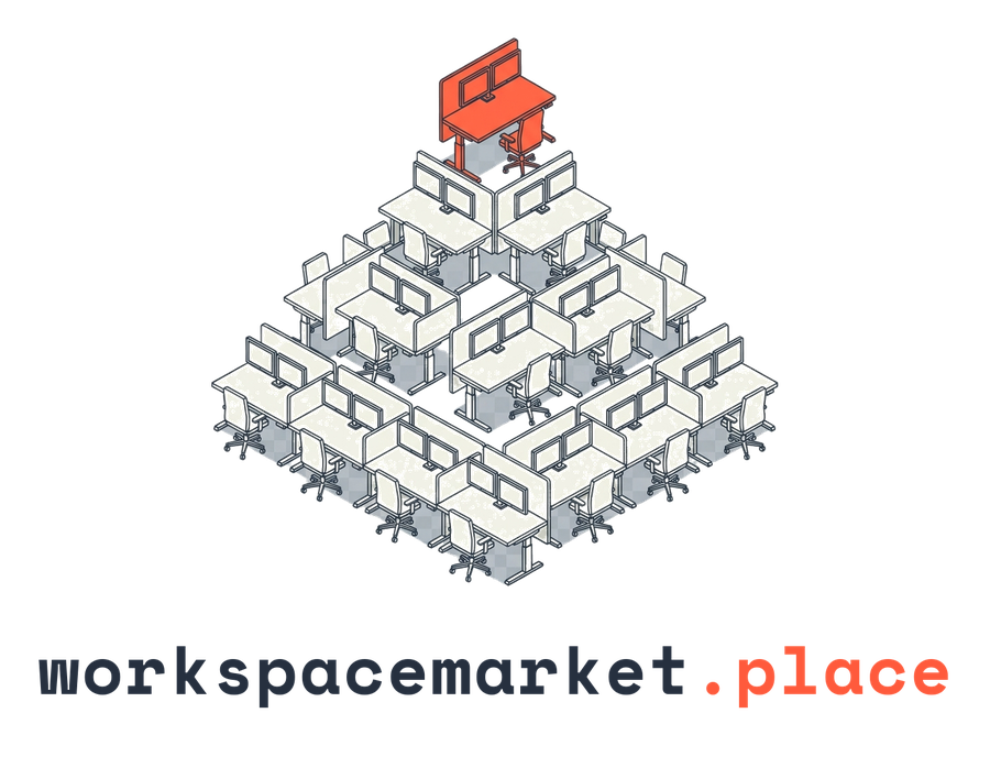 workspacemarket.place — a stacked pyramid of desks with one coral desk at the apex